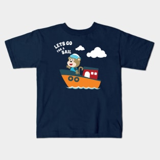 Cute bear the animal sailor on the boat with cartoon style Kids T-Shirt